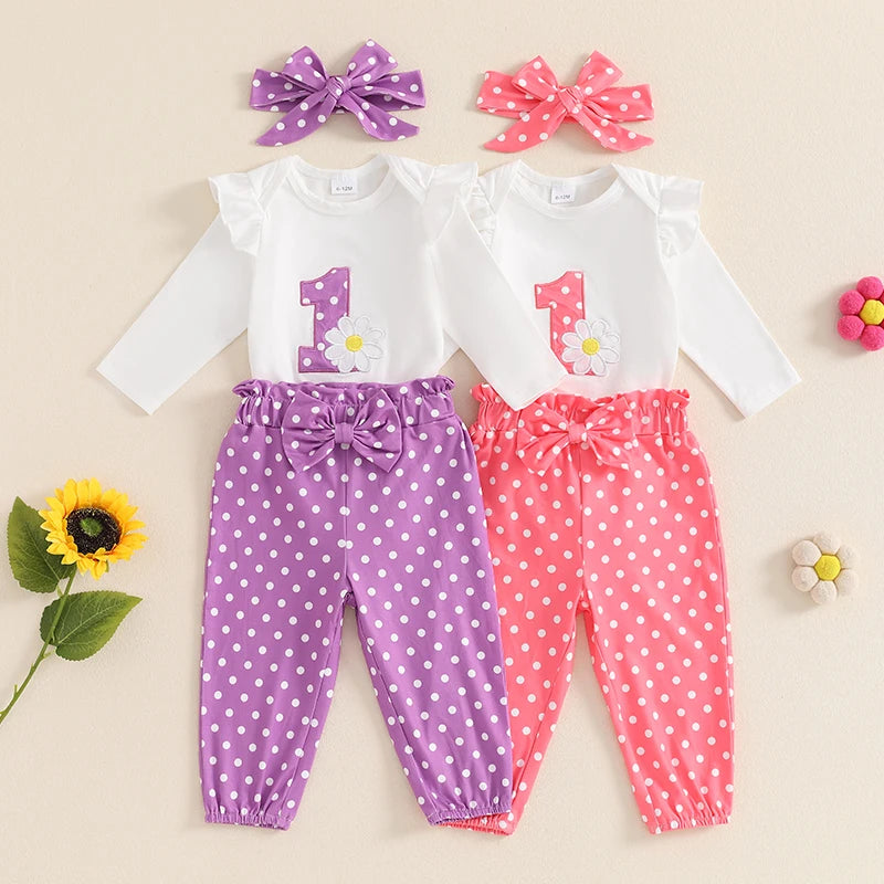 Baby Girls 3Pcs 1 First Birthday Outfit Floral Embroidery Long Sleeve Romper with Polka Dot Pattern Pants and Headband Set