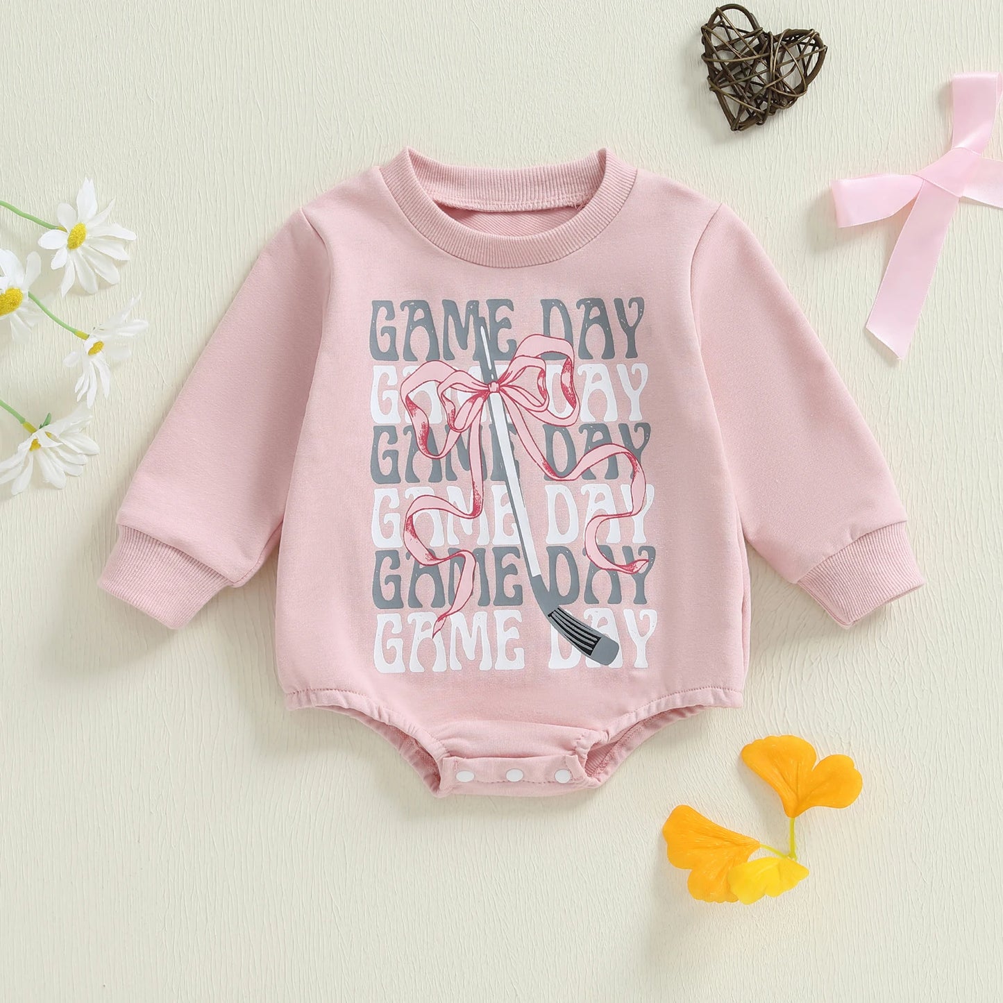 Baby Girls Fall Romper Bow Hockey / Game Day Letter Print Long Sleeve Round Neck Bubble Jumpsuit