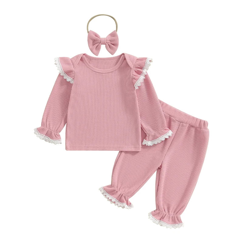 Baby Toddler Girls 3Pcs Waffle Set Lace Trim Long Sleeve Ruffled Top Elastic Waist Long Pants Hairband Outfit