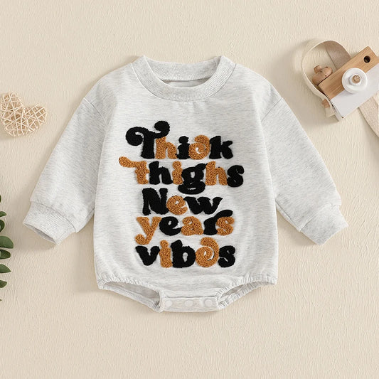 Baby Girls Boys New Year's Eve Romper Long Sleeve Crew Neck Embroidery Letters Thick Thighs New Years Vibes Bodysuit