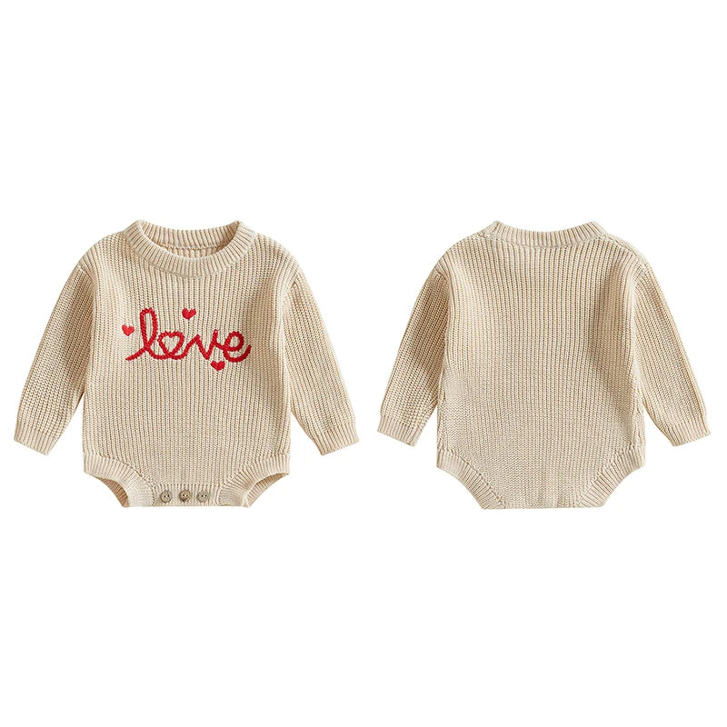 Baby Girl Boy Love Valentine’s Day Romper Long Sleeve O-Neck Letter Embroidery Knit Jumpsuit Sweater Bodysuit