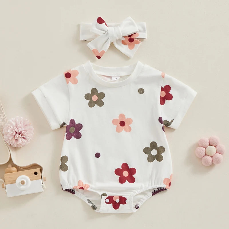 Baby Girl 2Pcs Summer Clothes Short Sleeve Romper Floral Flowers Print Jumpsuit Headband Set Outfit