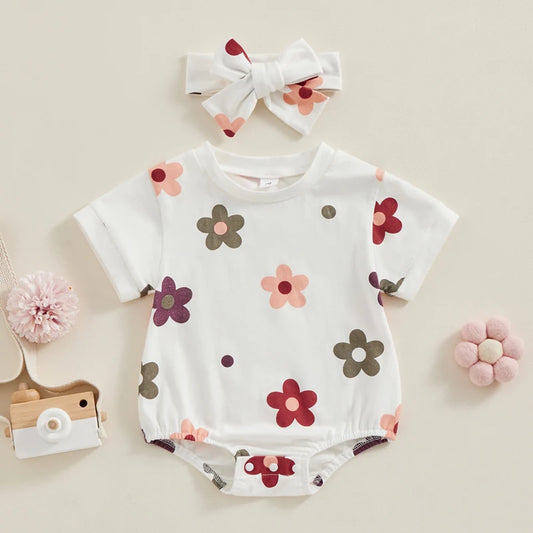 Baby Girl 2Pcs Summer Clothes Short Sleeve Romper Floral Flowers Print Jumpsuit Headband Set Outfit