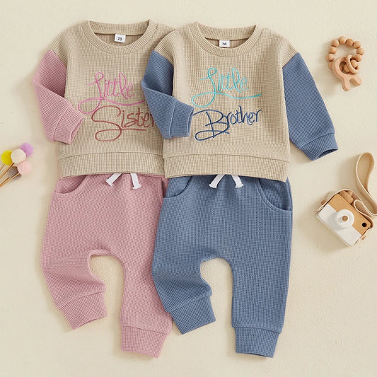 Baby Toddler Girls Boys 2Pcs Little Brother / Sister Jogger Set Long Sleeve Embroidery Letters Top with Elastic Waist Pants Outfit