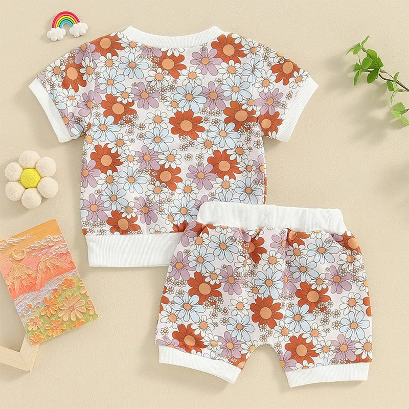 Baby Toddler Girls 2Pcs Summer Clothes Sets Outfits Floral Print Short Sleeve  Top with Pocket Shorts