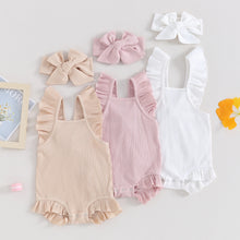 Load image into Gallery viewer, Baby Girl 2Pcs Bodysuit Solid Color Ribbed Romper Flying Sleeve Ruffle Tank Top Lace Jumpsuits with Headband Outfit Set

