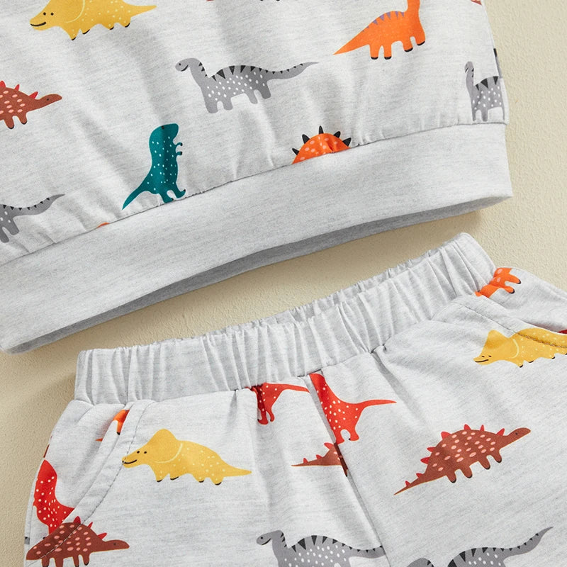 Toddler Kids Boys 2Pcs Dinosaur Outfit Cartoon Print Hooded Short Sleeve Top and Matching Elastic Waist Shorts Set