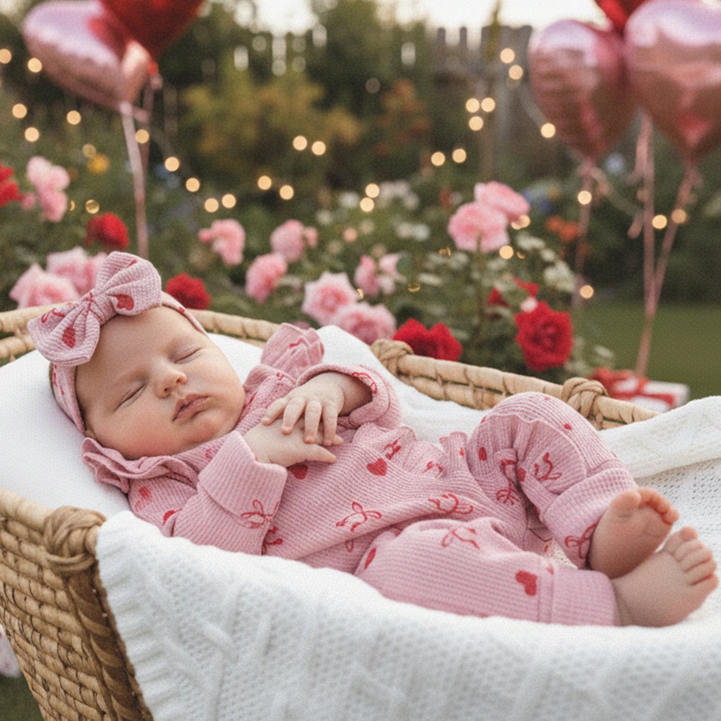 Baby Girls 2Pcs Valentine's Day Romper Outfit Heart Print Ruffle Long Sleeve Jumpsuits Bow Headband Set