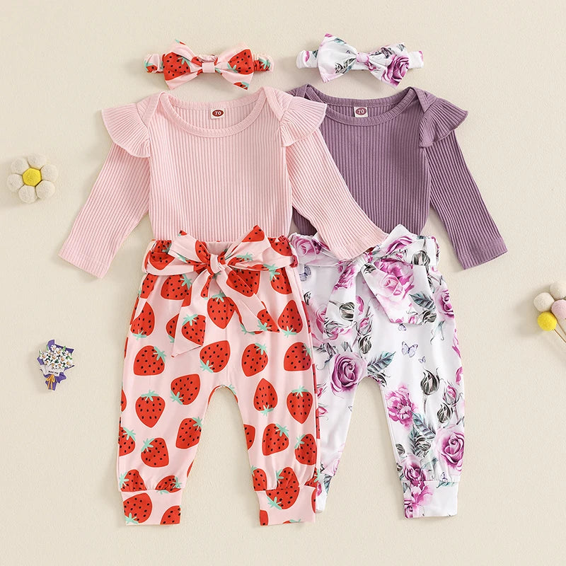 Baby Girls 3Pcs Fall Outfit Ribbed Long Sleeve Romper with Floral / Strawberry Pattern Pants and Headband Set