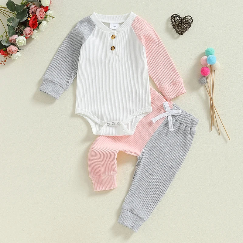 Baby Girls 2Pcs Outfit Contrast Color Long Raglan Sleeve Romper and Elastic Pants Set