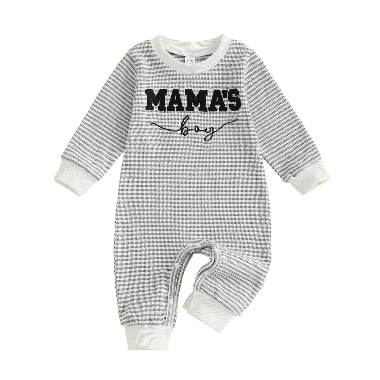 Baby Boys Mama's Boy Fall Romper Letter Embroidery Long Sleeve Round Neck Full Length Waffled Stripe Jumpsuit