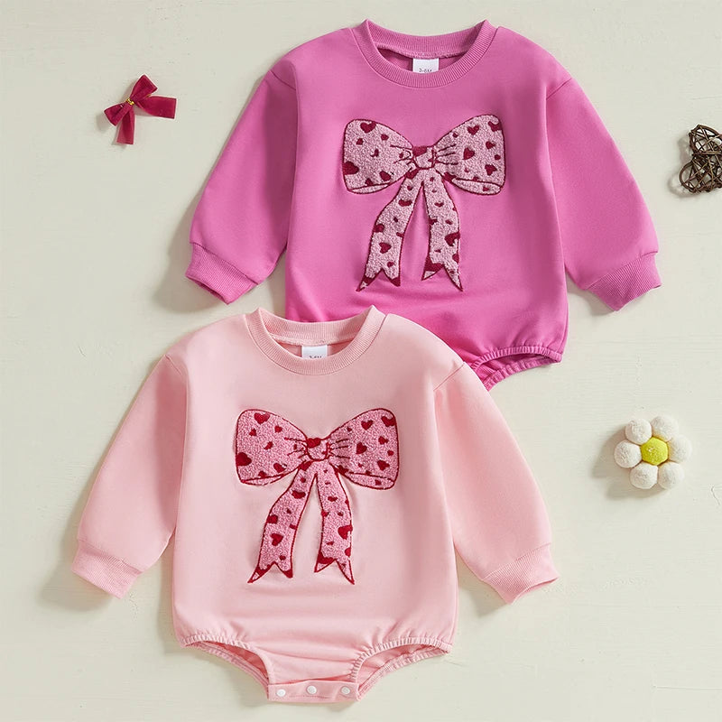 Baby Girls Bubble Romper Heart Bow Embroidery Long Sleeve Jumpsuit Valentine's Day