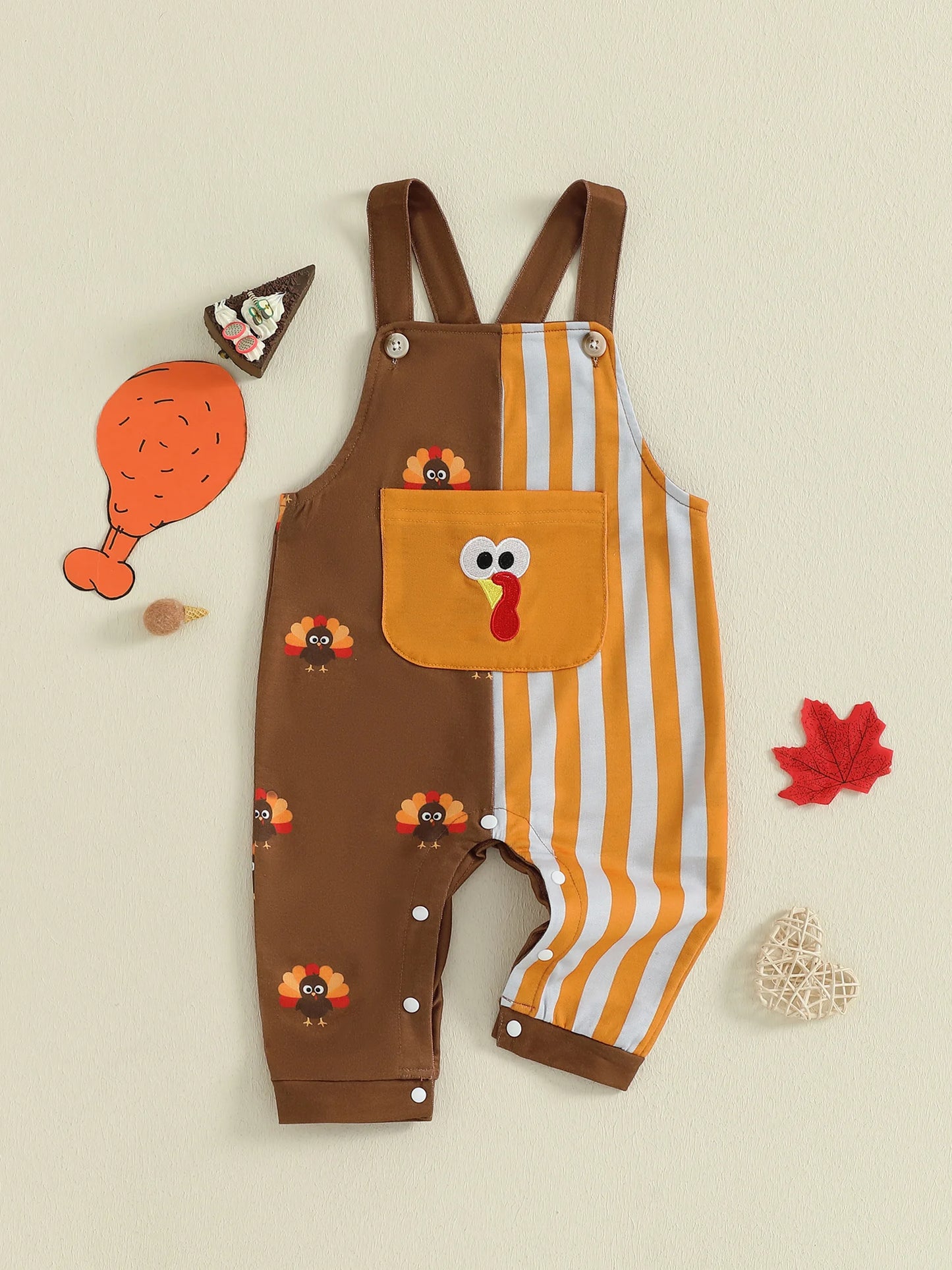 Baby Boy Thanksgiving Romper Overalls Turkey Stripe Print Sleeveless Suspender Jumpsuit