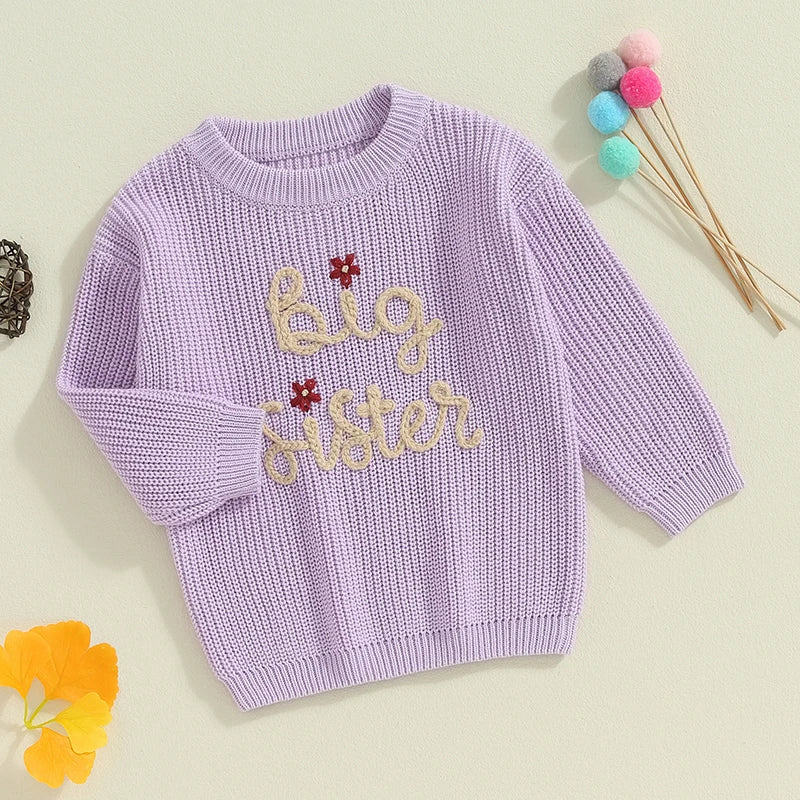 Baby Toddler Kids Girls Big Sister Autumn Winter Knit Sweater Long Sleeve O Neck Letter Embroidery Pullover Knitwear Top