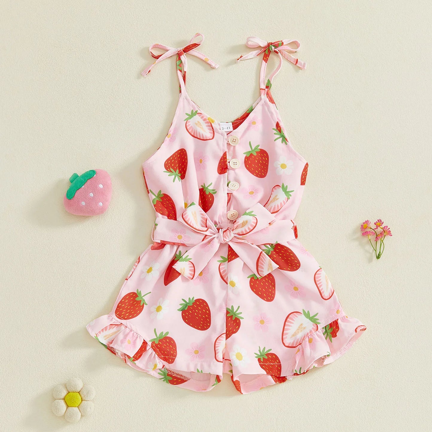 Toddler Kids Girl Summer Sleeveless Button up Strawberry Print Tie Shoulder Shorts Jumpsuit Romper