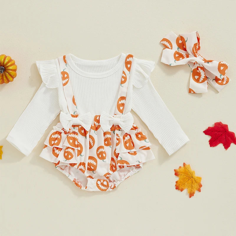 Baby Girls 2Pcs Halloween Romper Long Sleeve Pumpkin Print Ruffled Hem Jumpsuit with Headband Set