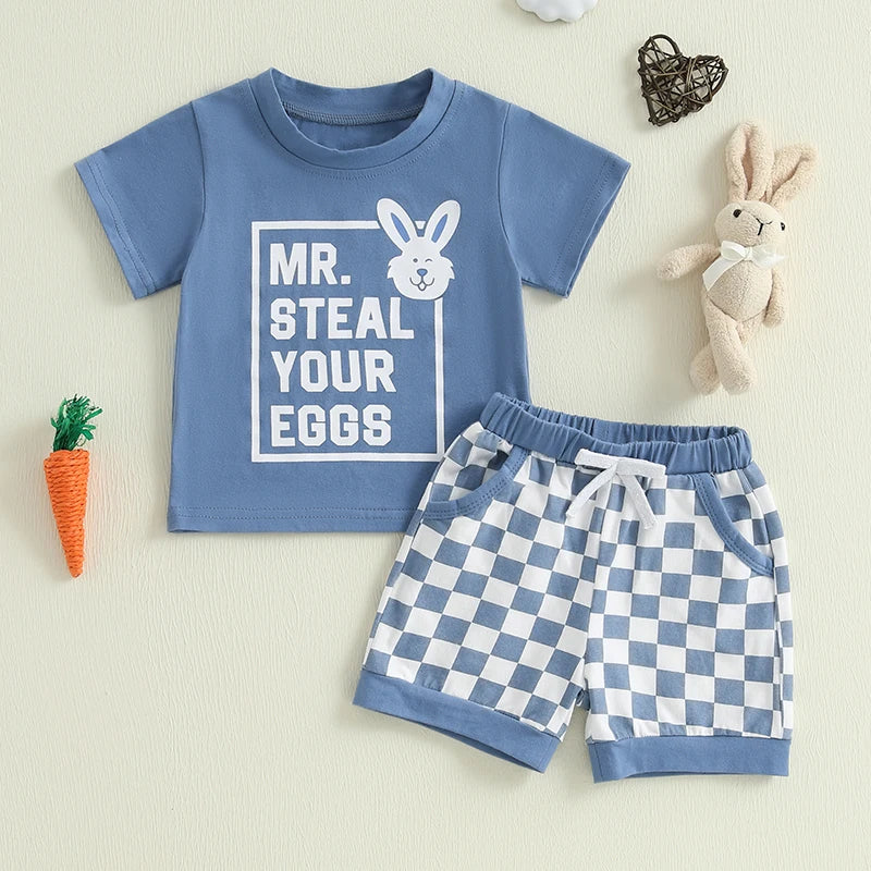 Baby Toddler Boys 2Pcs Mr. Steal Your Eggs Easter Outfit Letter Bunny Rabbit Short Sleeve T-Shirt Top Checkered Shorts Spring Set