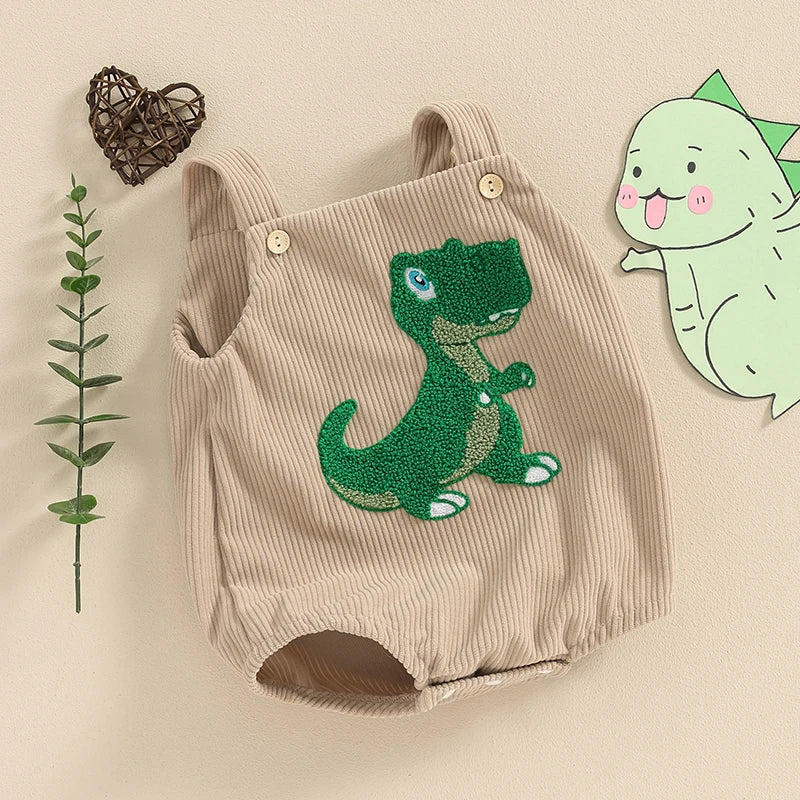 Baby Girls Boys Summer Romper Sleeveless Dinosaur Shark Rainbow Embroidery Button Ribbed Tank Top Overalls Romper