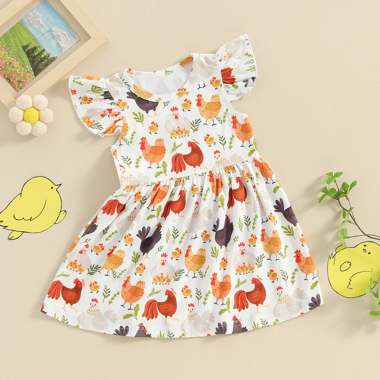 Baby Toddler Girls Dress Farm Rooster Hen Print Fly Short Sleeve Crew Neck Dress Summer Fall