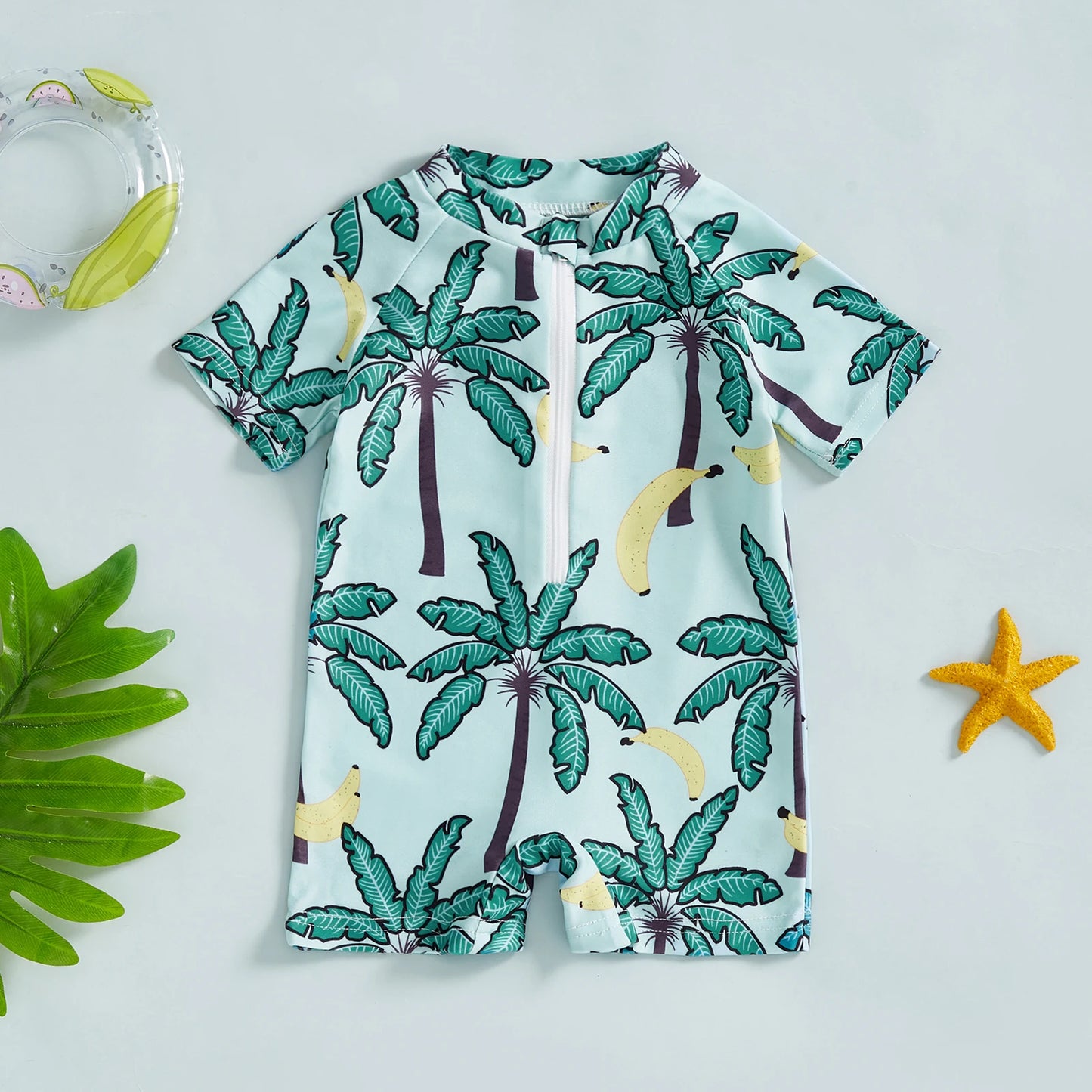 Baby Toddler Boys Rash Guard Swimwear Palm Tree Print Short Sleeve Mock Neck Zip Bathing Suit