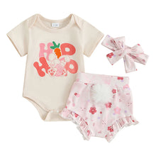 Load image into Gallery viewer, Baby Toddler Girls 3Pcs Easter Outfit Hip Hop Letter Bunny Rabbit Carrot Print Short Sleeve Romper and Floral Shorts Cute Headband Set
