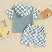 Load image into Gallery viewer, Toddler Baby Boy 2Pcs Mama&#39;s Boy Summer Outfit Short Sleeve Letter Print Hooded Top + Elastic Waist Checkerboard Shorts Set
