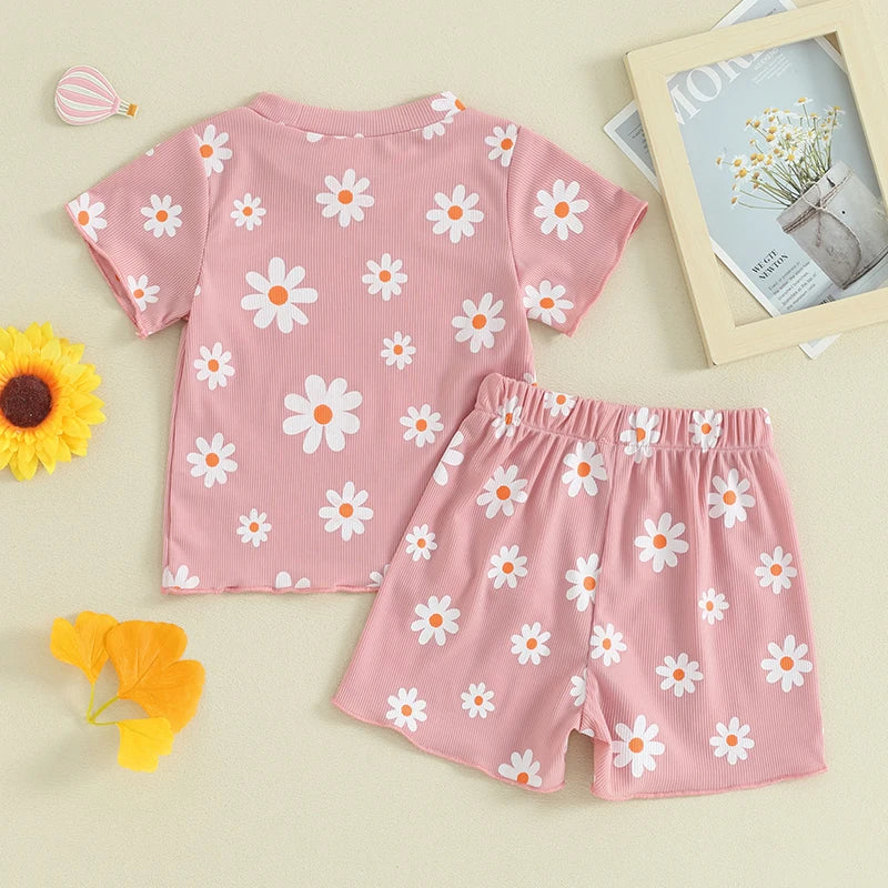 Toddler Baby Girl 2Pcs Spring Summer Clothes Floral Flowers Print Short Sleeve Crewneck Top with Matching Shorts Set Outfit