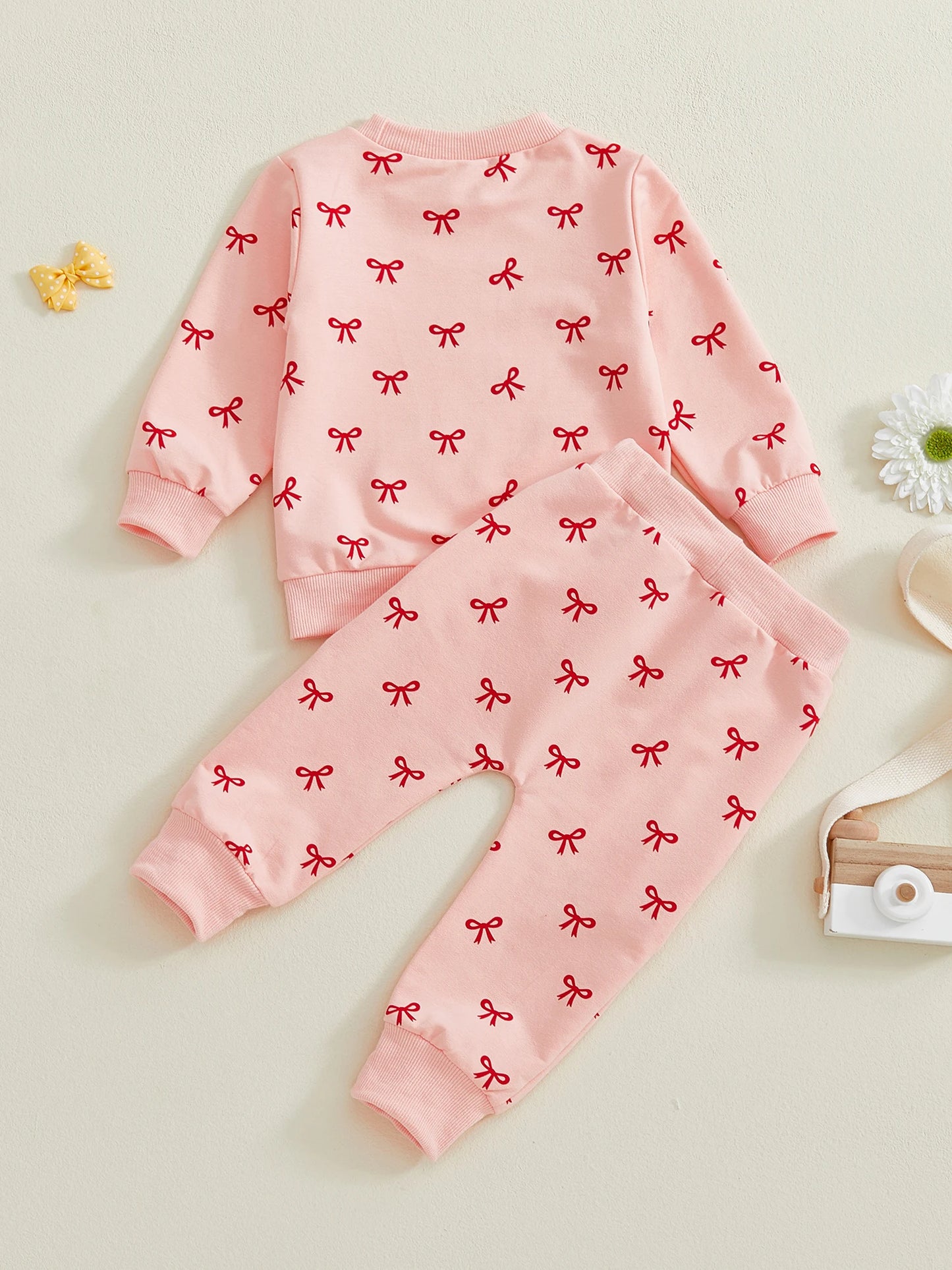 Baby Toddler Girl 2Pcs Fall Outfits Bow Print Long Sleeve Round Neck Pullover + Elastic Waist Long Pants 2Pcs Jogger Set
