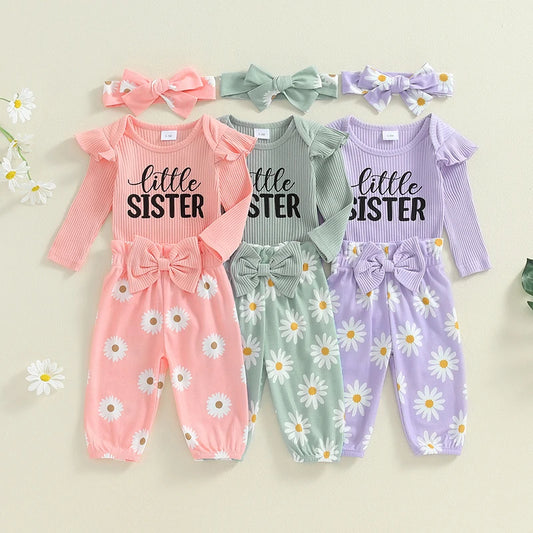 Baby Girls 3Pcs Little Sister Fall Outfit Letter Print Long Sleeve Romper with Daisy Flower Pattern Pants and Headband Set