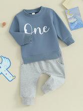 Load image into Gallery viewer, Baby Boys 2Pcs Birthday Outfits Letter One Print Crew Neck Long Sleeve Top and Long Jogger Pants One Year Old Set
