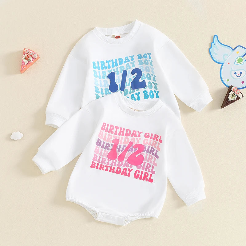 Baby Boys Girls 1/2 Half Birthday Romper Long Sleeve Crew Neck Letters Print Fall Bodysuit