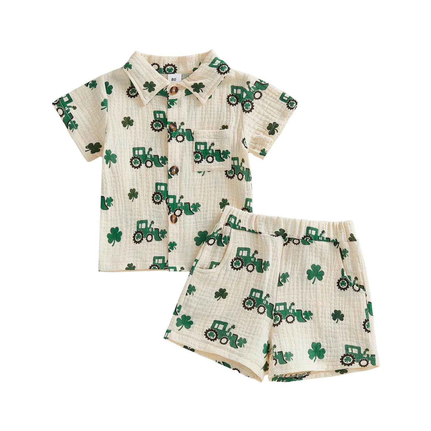 Baby Toddler Boy 2Pcs St. Patrick's Day Outfits Clover Truck Print Short Sleeve Lapel Button Down Shirt and Shorts Spring Set
