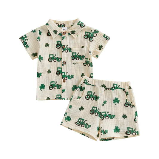 Baby Toddler Boy 2Pcs St. Patrick's Day Outfits Clover Truck Print Short Sleeve Lapel Button Down Shirt and Shorts Spring Set