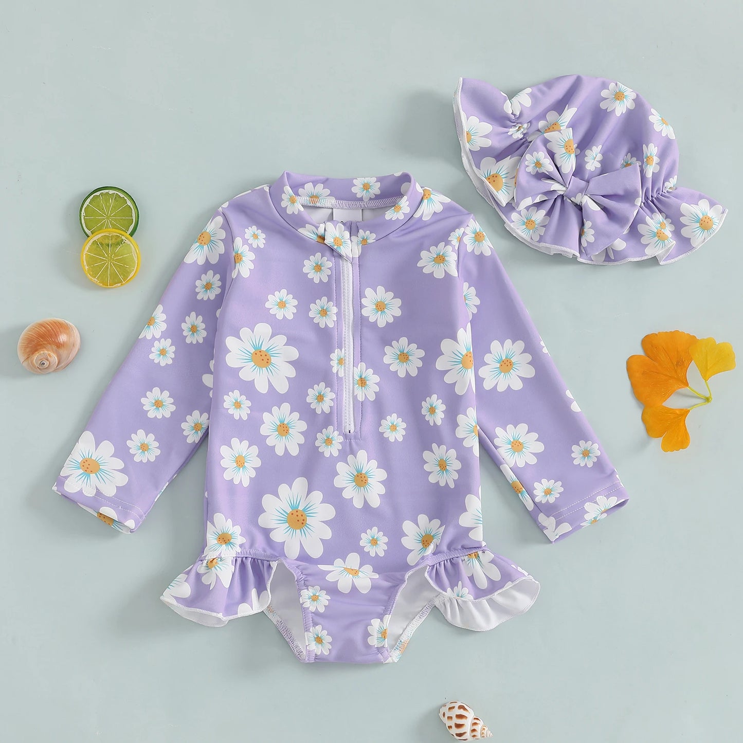 Baby Toddler Girls 2Pcs Swimsuit Long Sleeve Floral/Bow Print Ruffles Bathing Suit Swimwear with Swim Cap Set