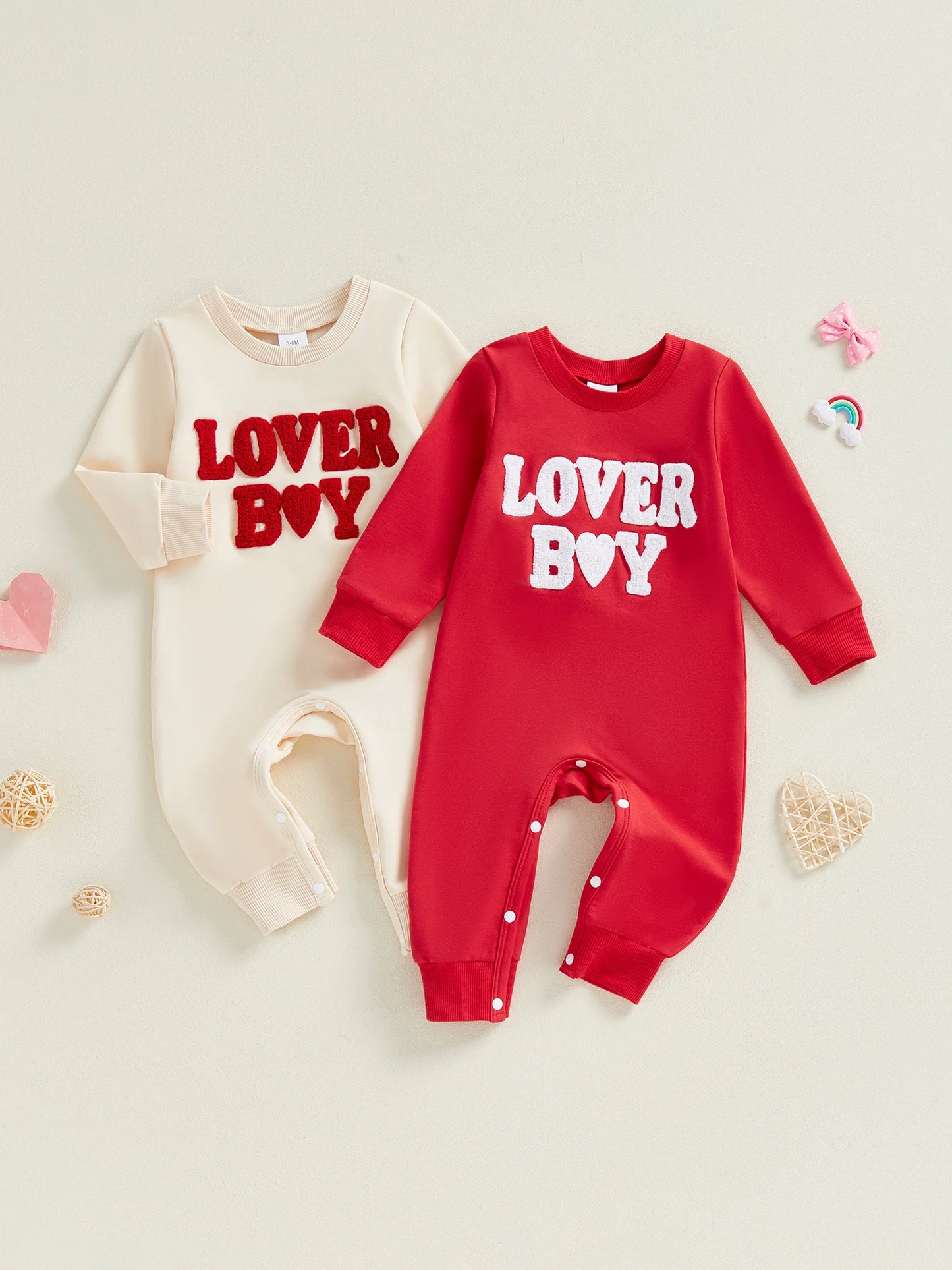 Baby Boy Lover Boy Romper Letter Embroidery Crew Neck Long Sleeve Jumpsuit Valentine's Day