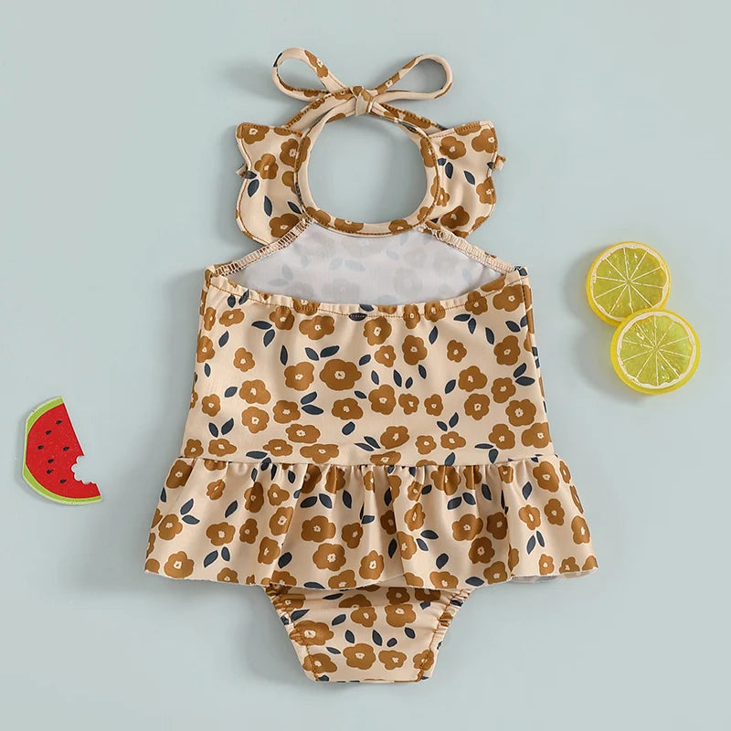 Baby Girls Halter Neck Swimwear Floral Cherry Print Romper Dress Bathing Suit Ruffled Beachwear