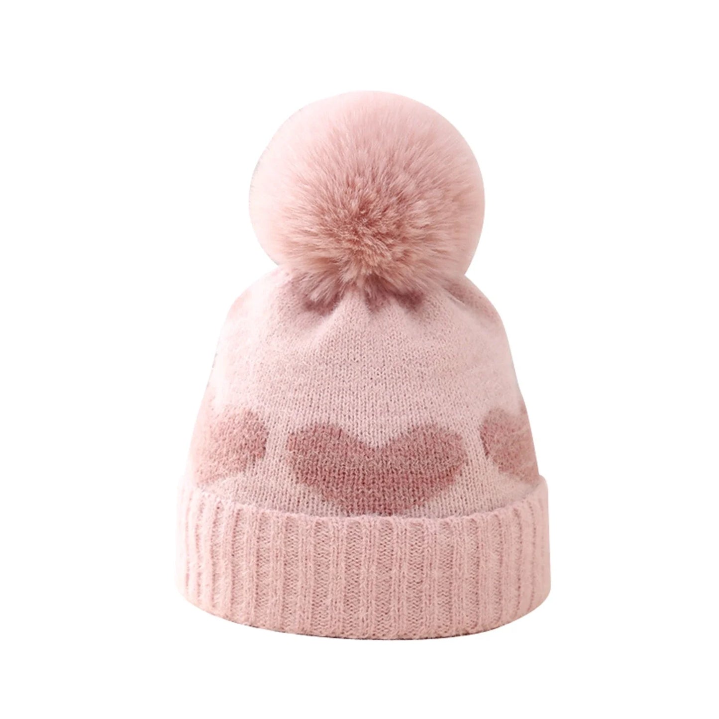 Baby Girl Winter Hat Cute Heart Pattern Plush Pom Pom Knit Beanie Warm