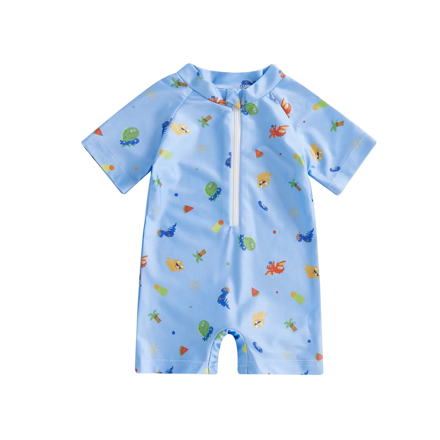 Baby Toddler Boys Rash Guard Swimwear Palm Tree Print Short Sleeve Mock Neck Zip Bathing Suit