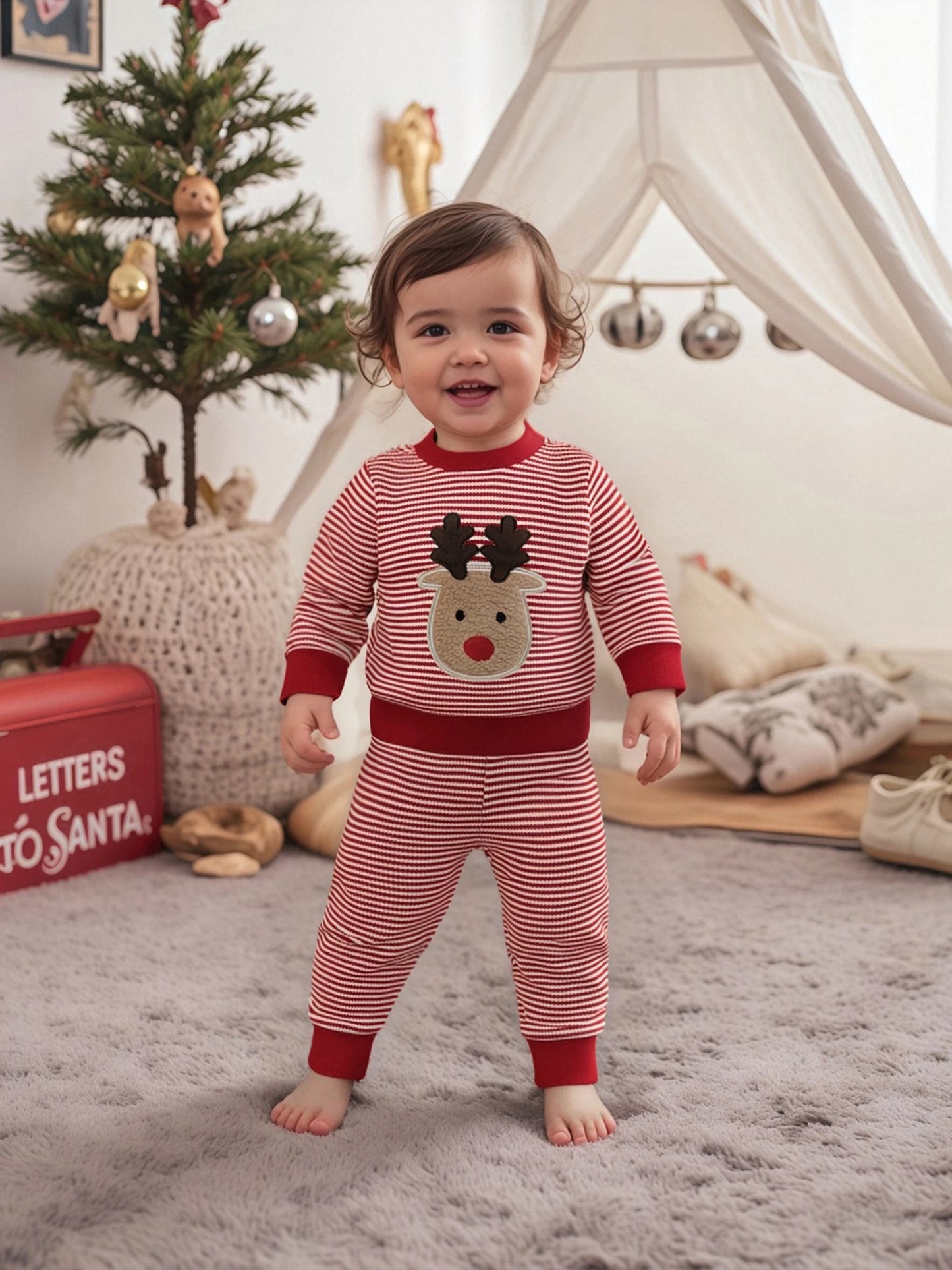 Baby Toddler Boys Girls 2Pcs Christmas Outfit Reindeer Embroidery Stripe Long Sleeve Round Neck Pullover Top + Elastic Waist Long Pants Jogger Set