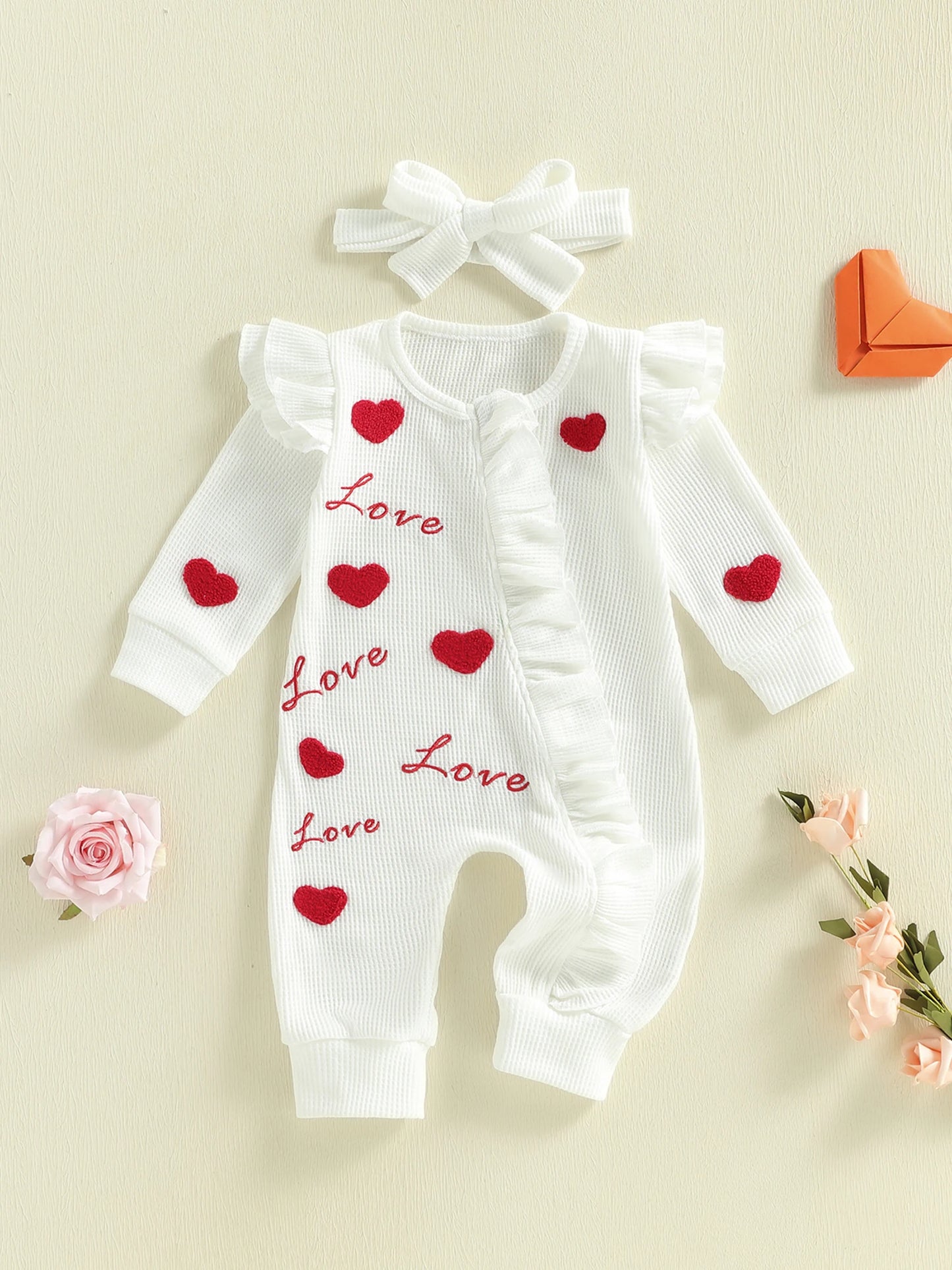 Baby Girl 2Pcs Valentine's Day Outfit Long Sleeve Round Neck Heart Love Embroidery Jumpsuit with Headband Set