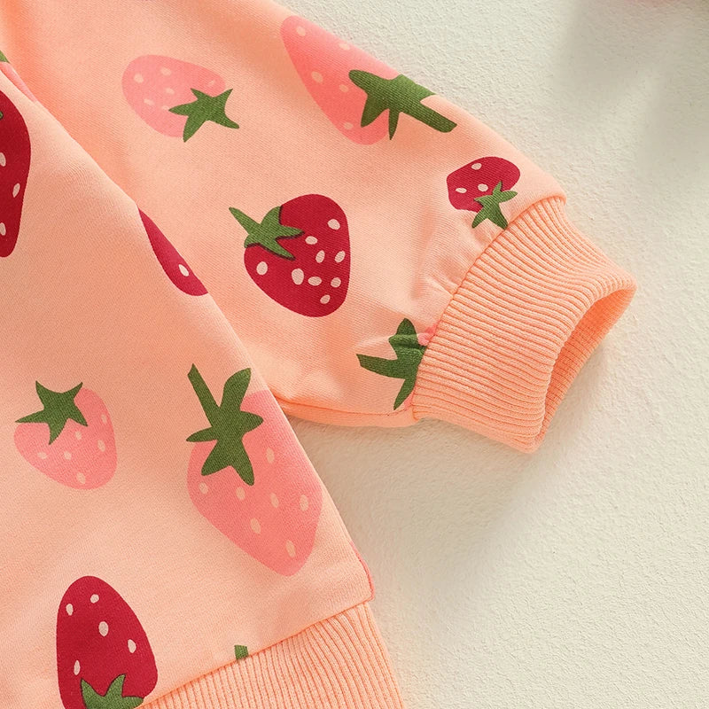 Baby Toddler Girls 2Pcs Outfit Strawberry Print Long Sleeve Crew Neck Top with Elastic Waist Pants Fall Set