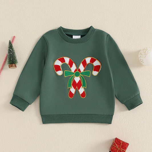 Baby Toddler Boys Girls Christmas Candy Cane Embroidery Long Sleeve Pullover Winter Top