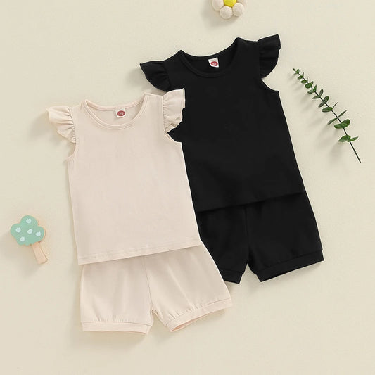 Baby Toddler Girl 2Pcs Summer Set Solid Color Round Neck Fly Sleeve Top Elastic Waist Shorts Outfit Set