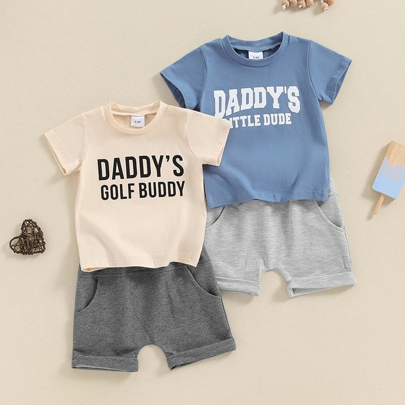 Baby Toddler Boys 2Pcs Daddy's Golf Buddy / Little Dude Short Sleeve Letter Print Top and Drawstring Shorts Set