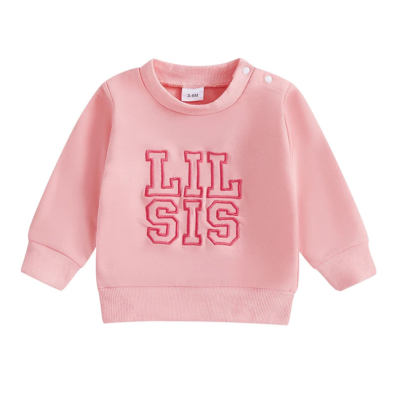 Baby Toddler Boys Girls Lil Sis/ Bro Long Sleeve Crewneck Top Words Letters Embroidered Sister Brother