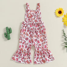 Load image into Gallery viewer, Baby Toddler Girls Overalls Floral Cowboy Boots Flowers Print Square Neck Sleeveless Bell Bottom Jumpsuit with Pocket Front Romper
