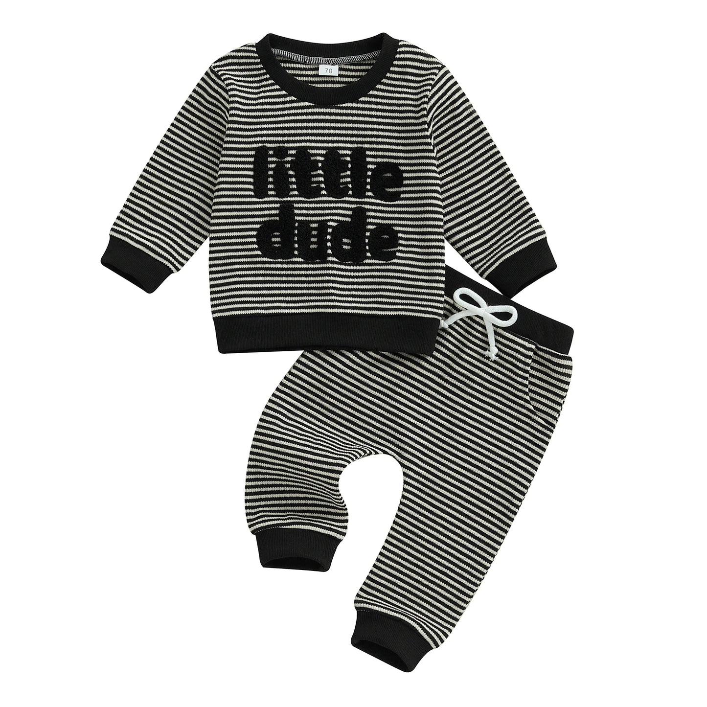 Baby Toddler Boys 2Pcs Little Dude Striped Jogger Set Long Sleeve Letters Embroidery Pullover Top with Pants Fall Outfits