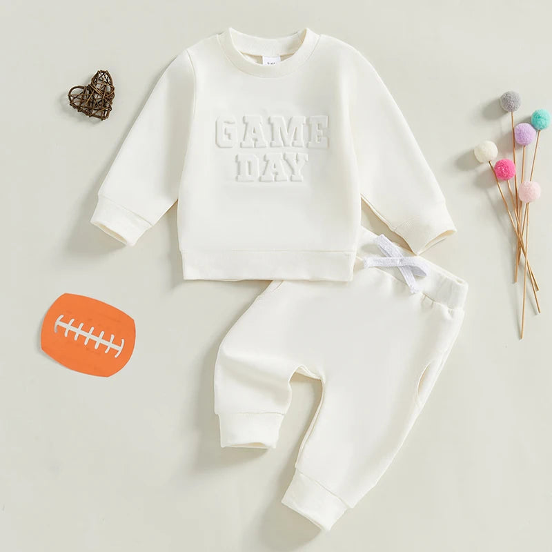 Baby Toddler Boys Girls 2Pcs GAME DAY Jogger Set Long Sleeve O-Neck Letter Top with Elastic Waist Pants Fall Outfit