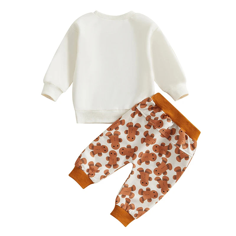 Baby Toddler Boys Girls 2Pcs Christmas Sets Long Sleeve Letter Gingerbread Man Embroidery Top Drawstring Pant Jogger Set