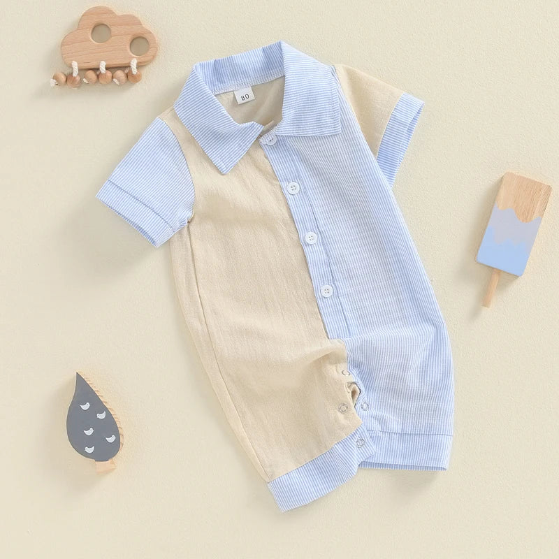 Baby Boy Jumpsuit Summer Short Sleeve Lapel Collar Stripes Contrast Color Print Romper Playsuit